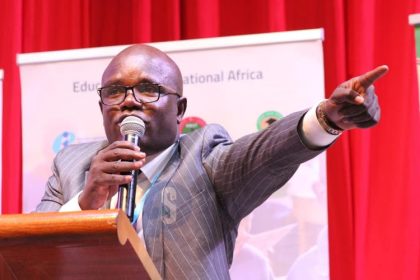 UASU Secretary General Constantine Wasonga speaking during the launch of research findings campaign against privatisation of public universities