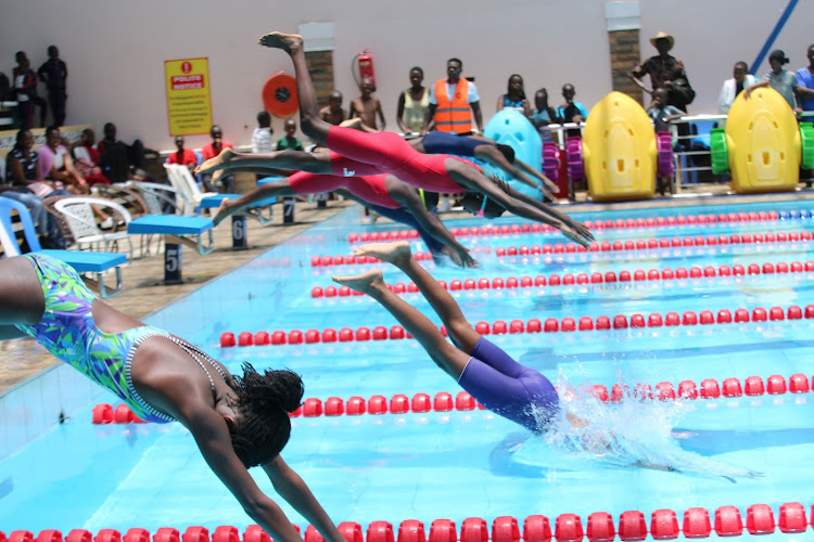 Some students competing in the swimming championships at the Rupa'z Mall fitness centre championships in Eldoret