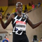 Timothy Cheruiyot celebrates after winning the 1500m race at the Monaco Leg of the World Athletics Diamond League. PHOTO/World Athletics