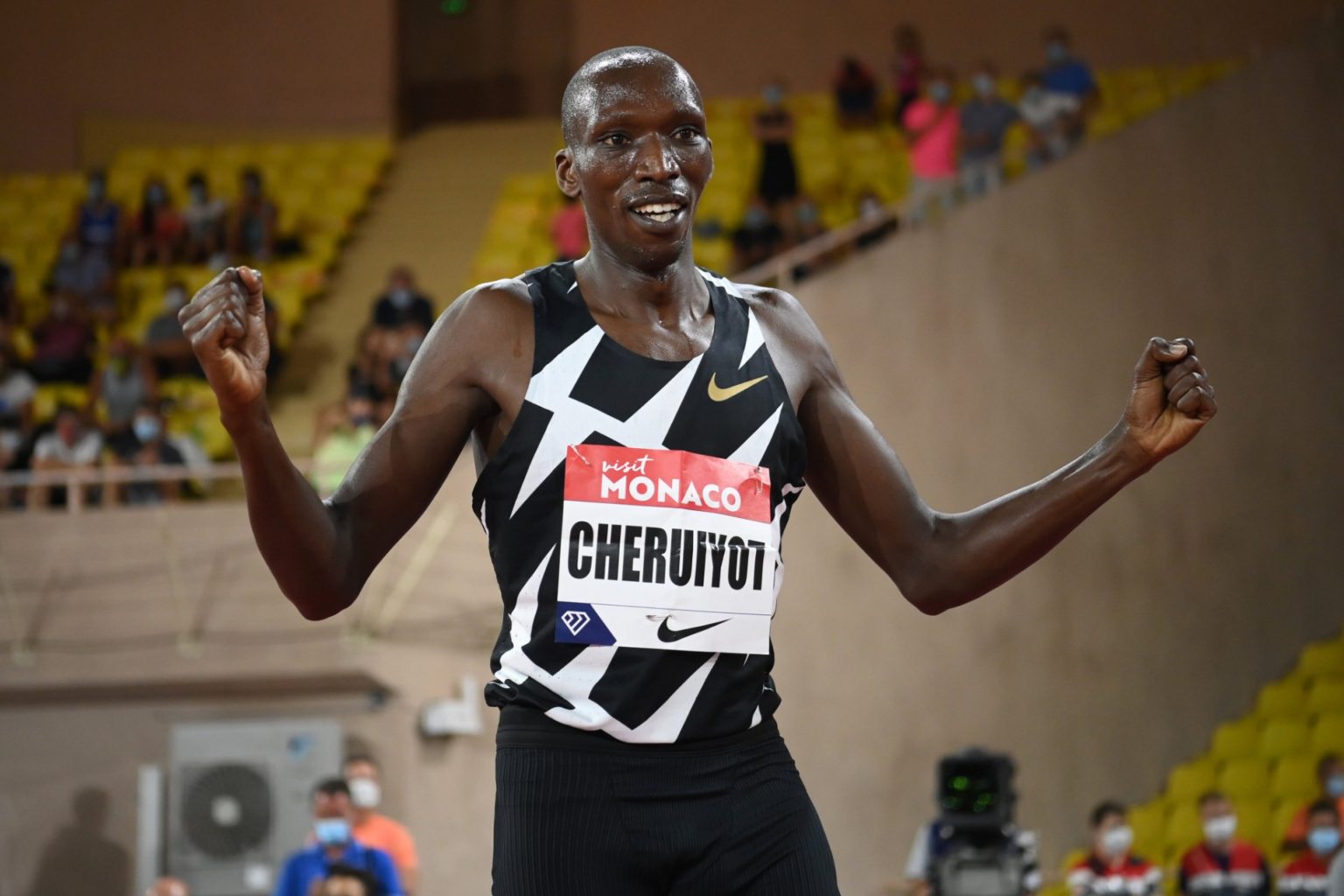 Timothy Cheruiyot celebrates after winning the 1500m race at the Monaco Leg of the World Athletics Diamond League. PHOTO/World Athletics