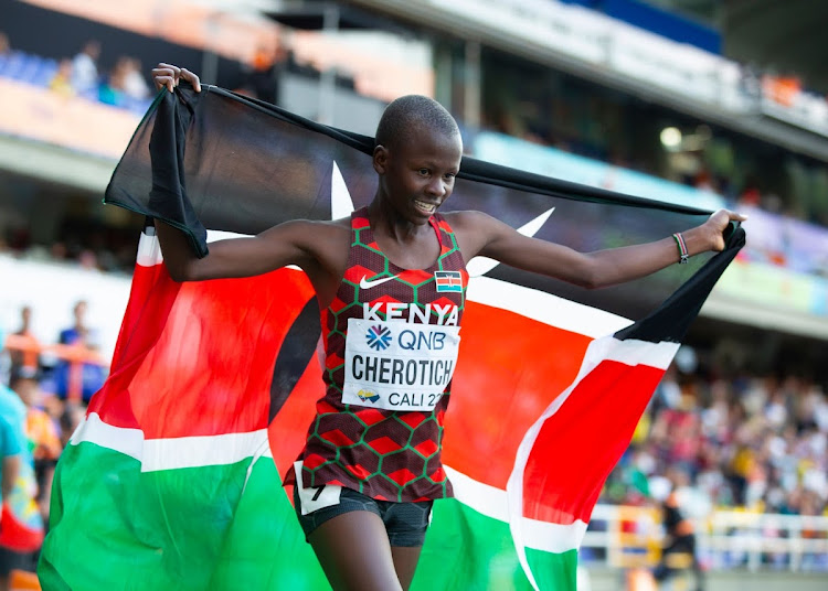 Faith Cherotich celebrates after winning the 3000m SC title at the WU-20 Championships in Cali, Colombia