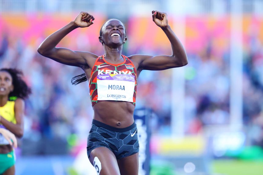 Mary Moraa celebrates after winning the women's 800m Commonwealth Games title. PHOTO/Kelly Ayodi